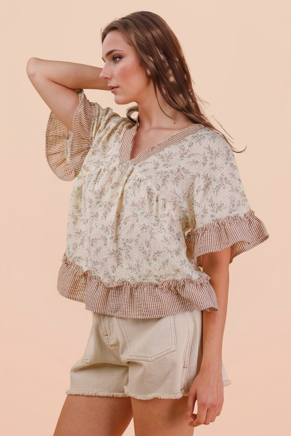 Floral Ruffle Hem V-Neck Blouse with Striped Trim