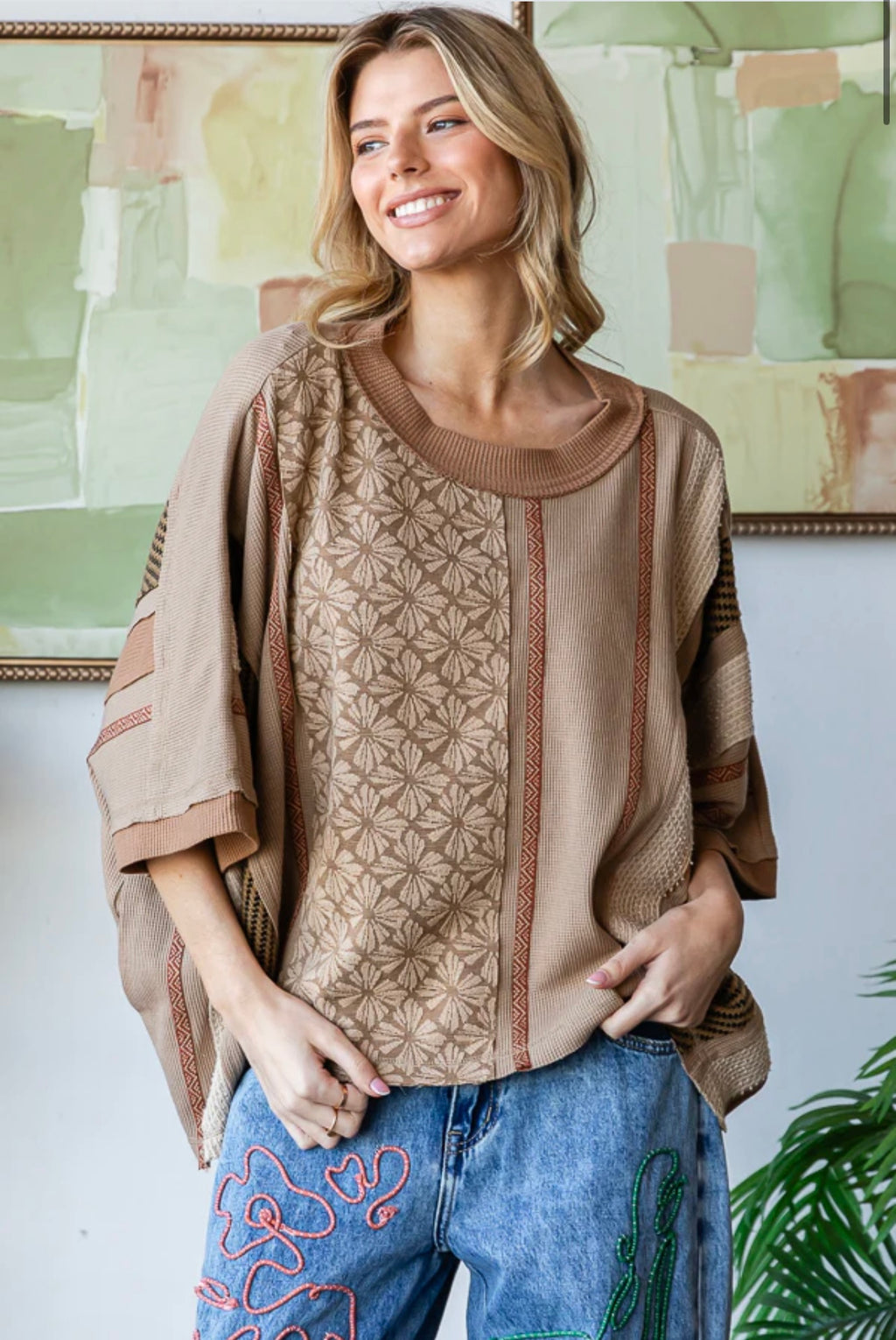 Washed Printed Detailed Vertical Printed Knit Top