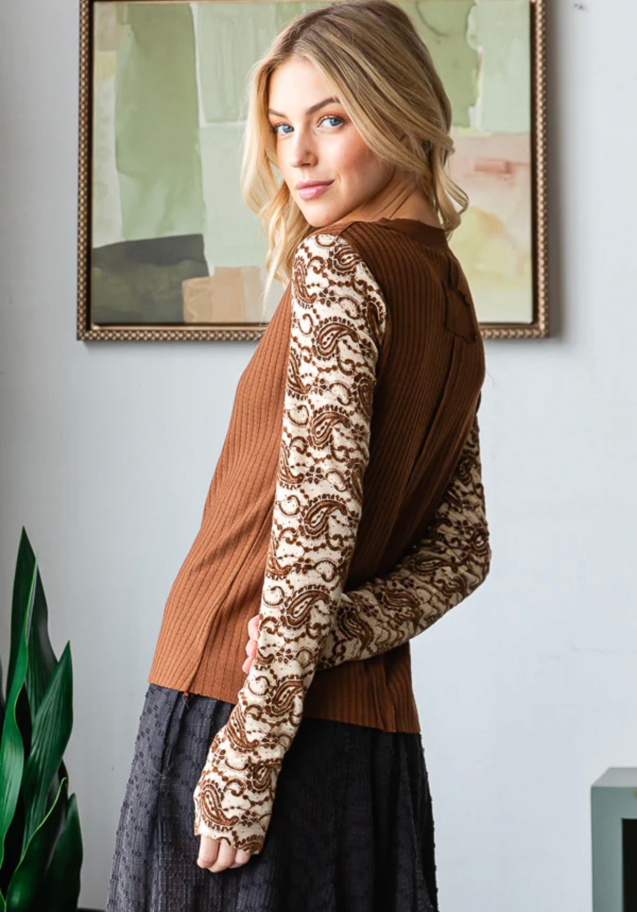 Long Lace Paisley Sleeve Henley Ribbed Top