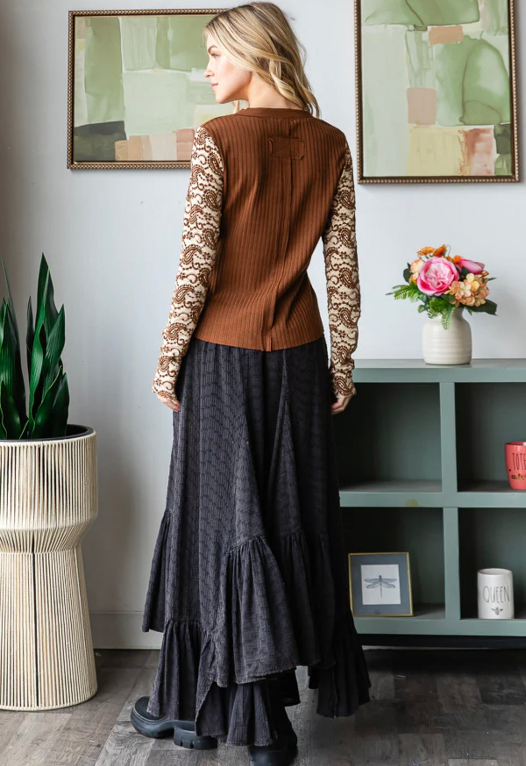 Long Lace Paisley Sleeve Henley Ribbed Top