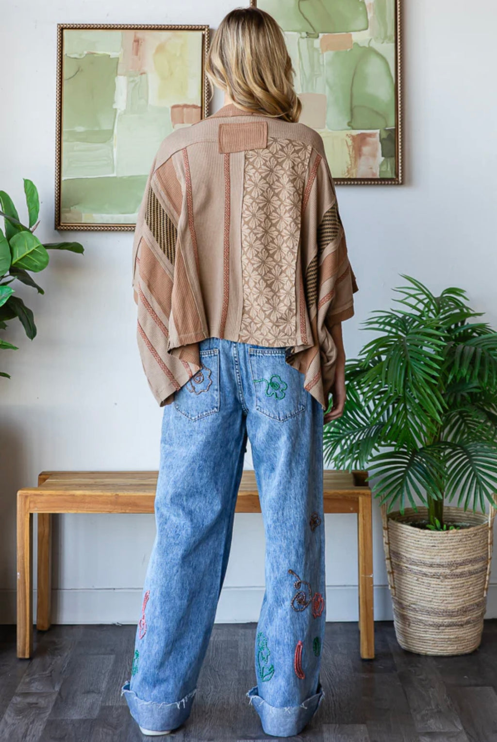 Washed Printed Detailed Vertical Printed Knit Top