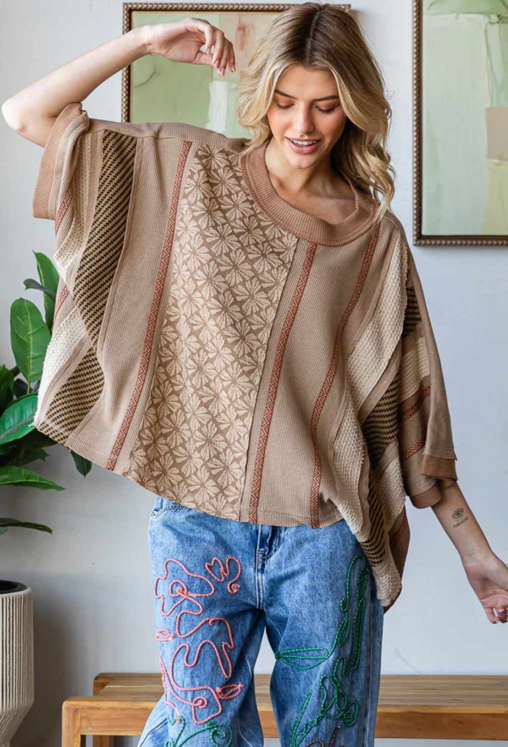 Washed Printed Detailed Vertical Printed Knit Top