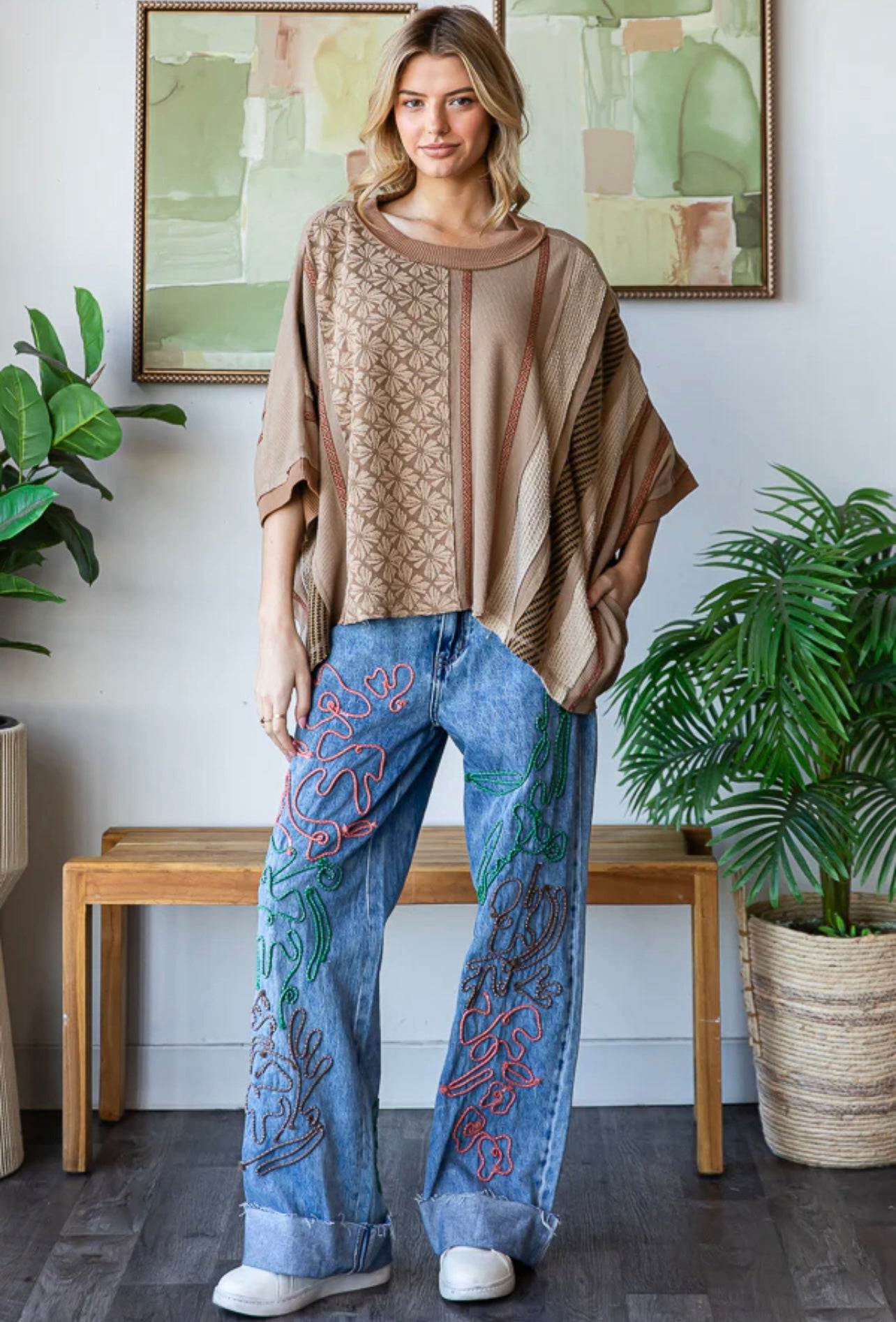 Washed Printed Detailed Vertical Printed Knit Top