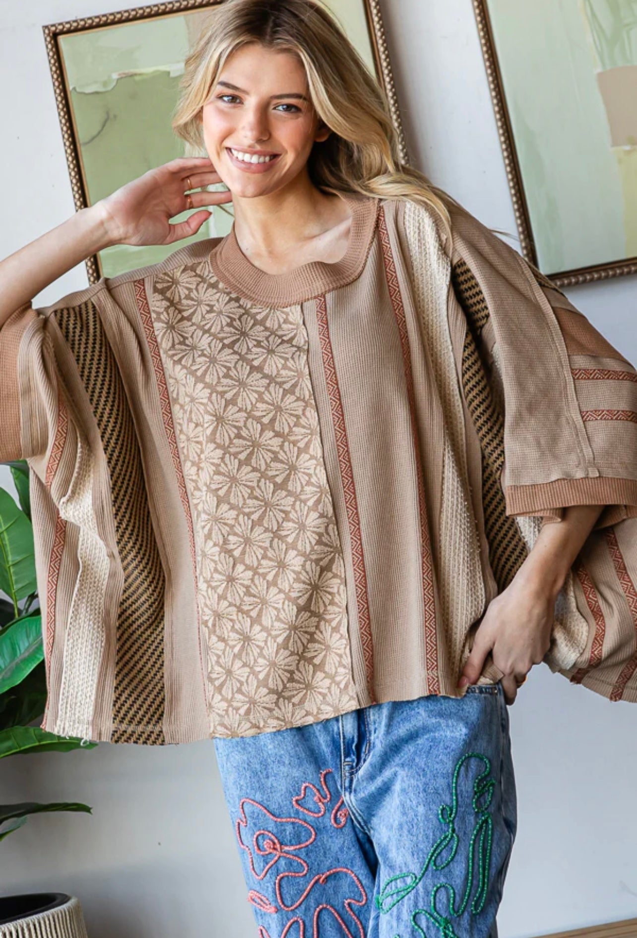 Washed Printed Detailed Vertical Printed Knit Top