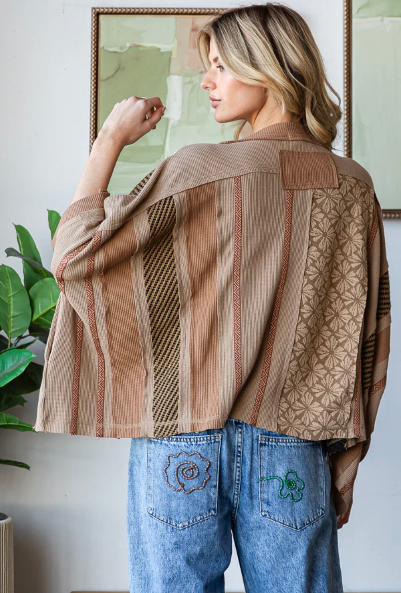 Washed Printed Detailed Vertical Printed Knit Top
