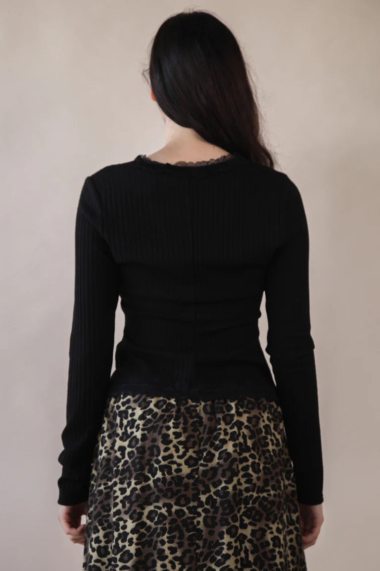 Button-Down Lace Trim Fitted Knit Top – Deep V-Neck