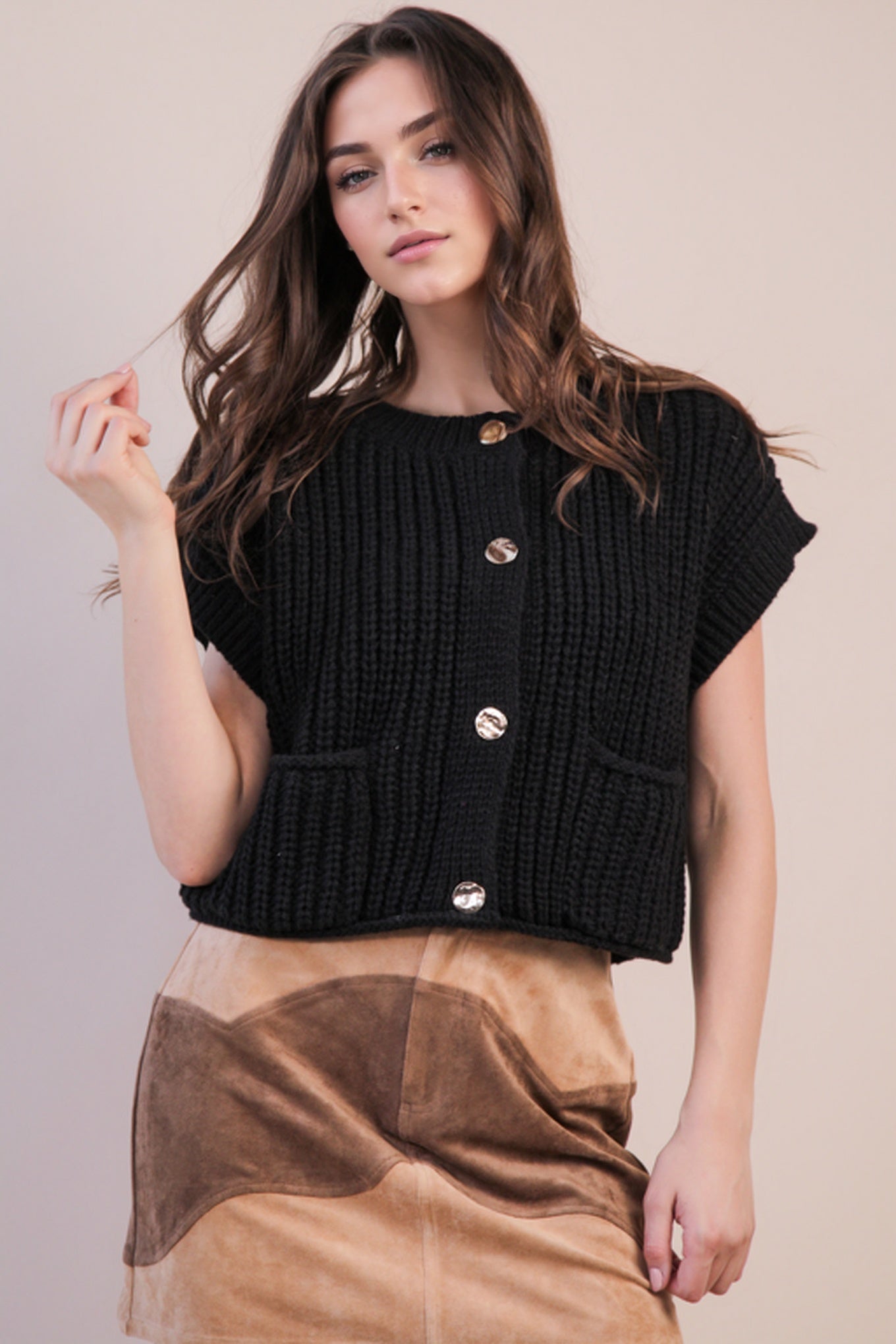 Oversized Button Down Knit Sweater Vest Top