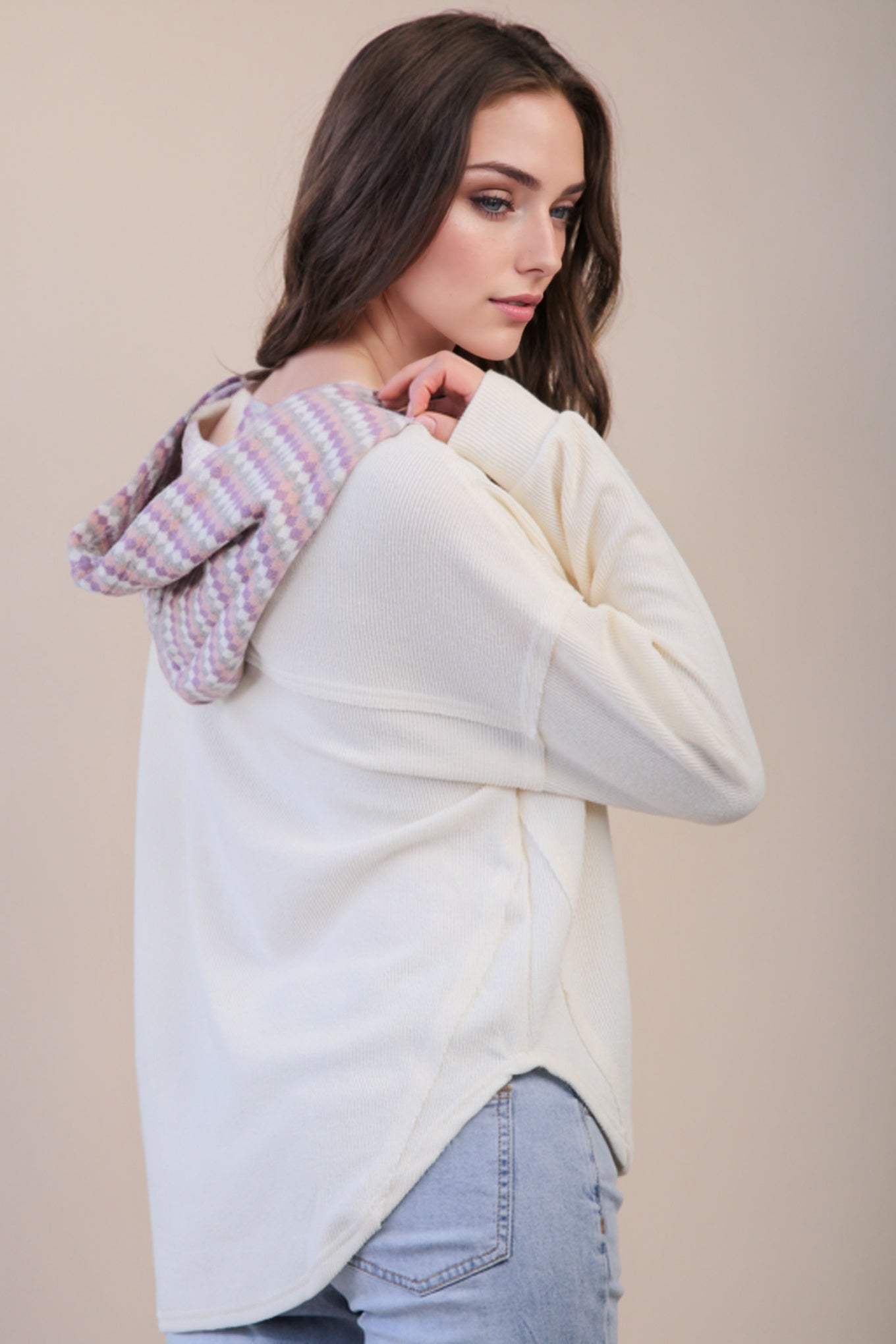 Oversized Contrast Hoodie Top – Cozy Button-Down
