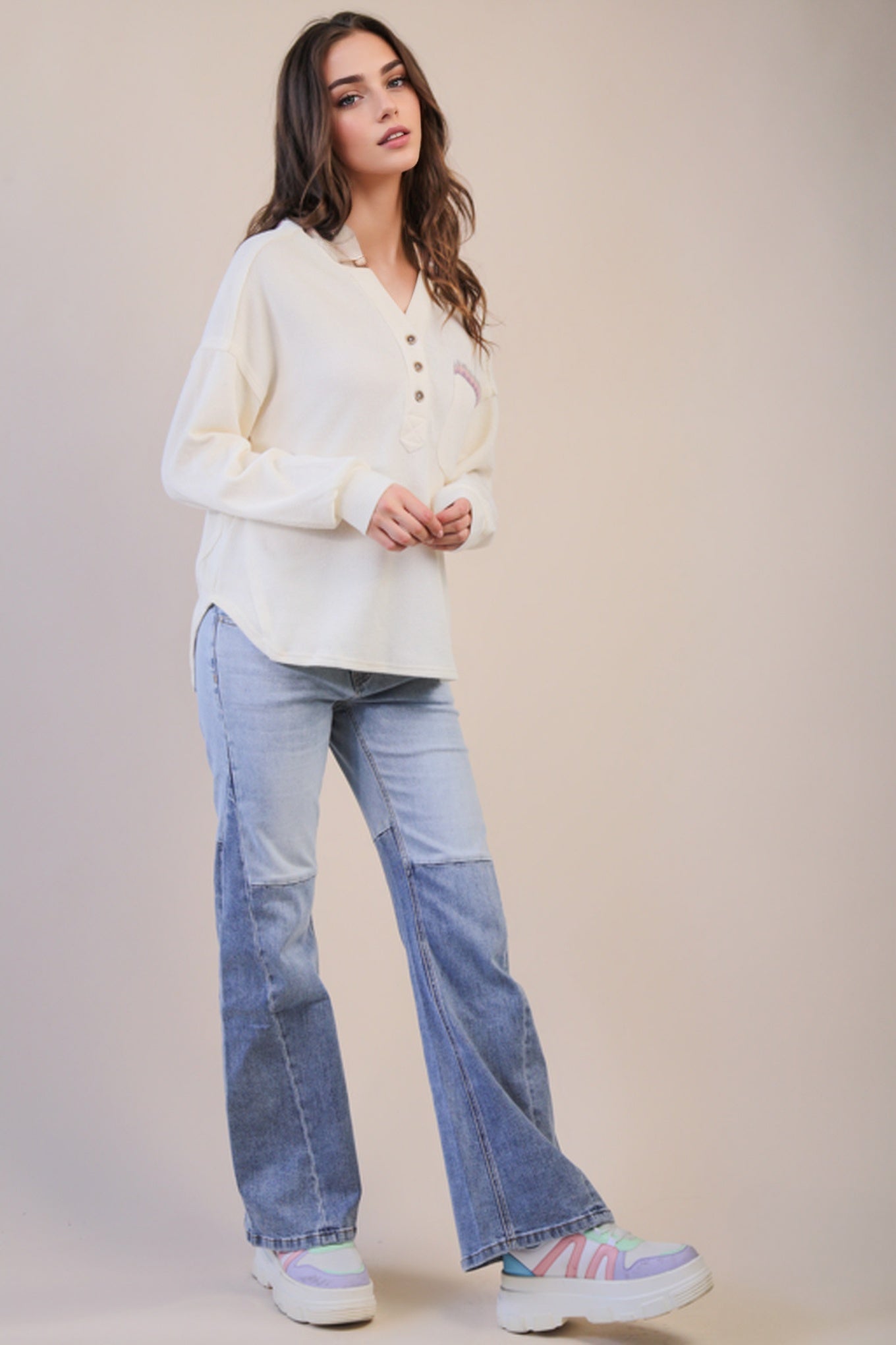 Oversized Contrast Hoodie Top – Cozy Button-Down