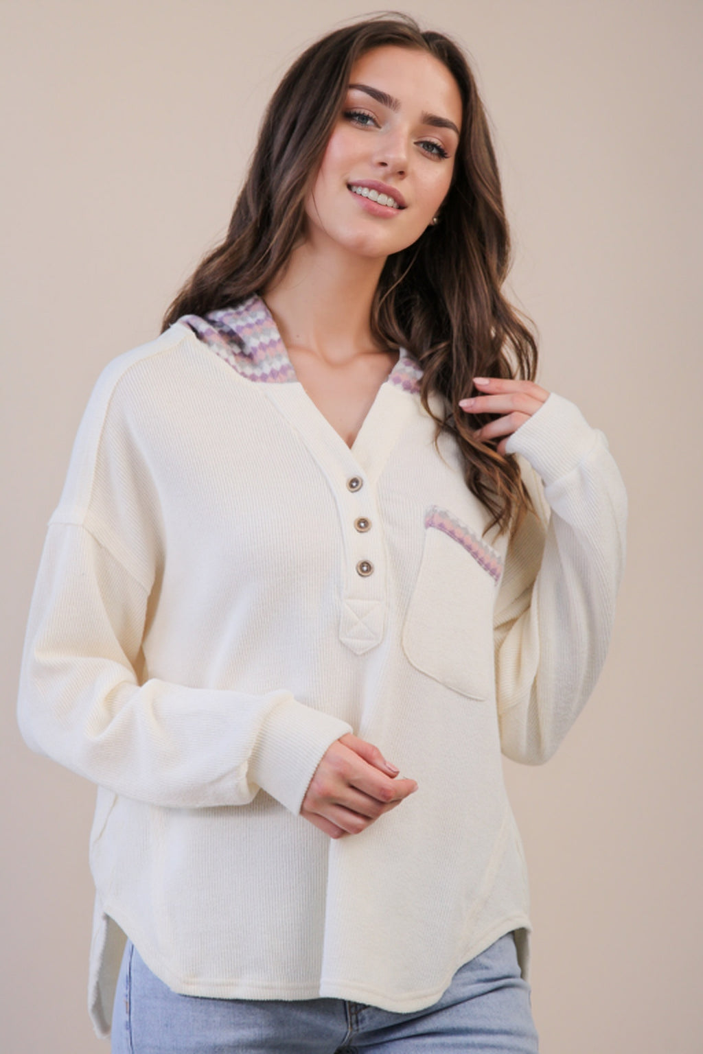 Oversized Contrast Hoodie Top – Cozy Button-Down