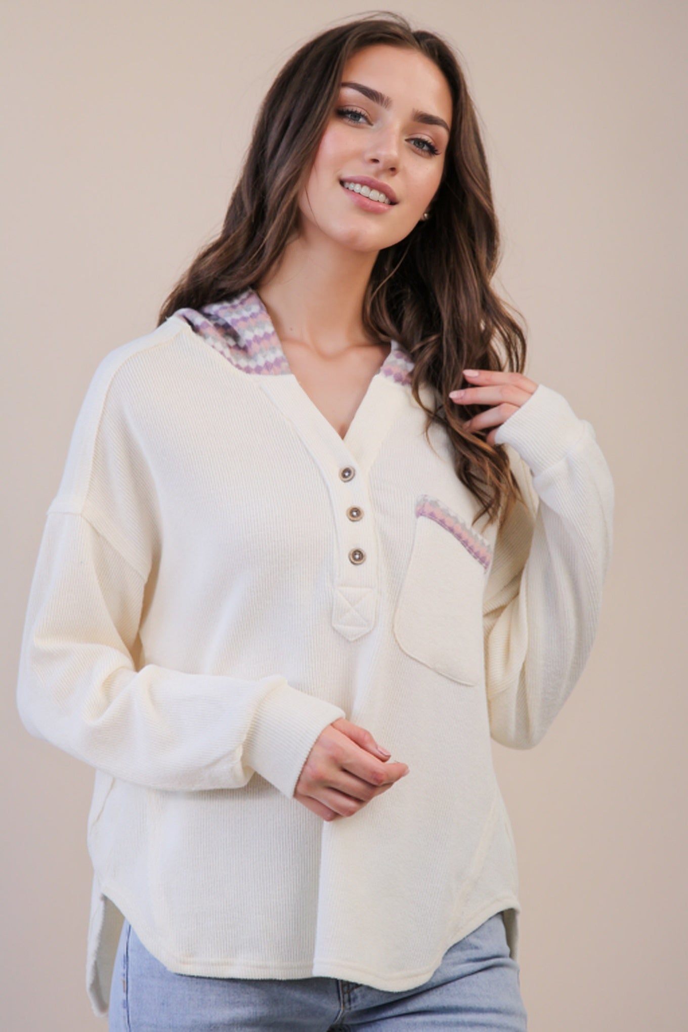 Oversized Contrast Hoodie Top – Cozy Button-Down