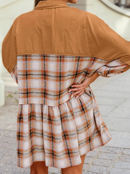Plaid Color Block Patchwork Ruffle Hem Tunic Dress