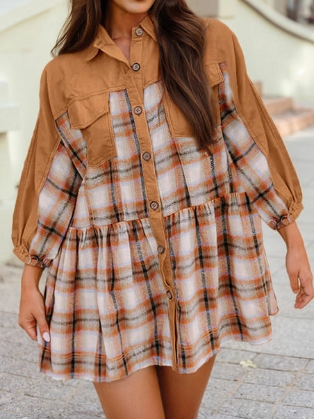 Plaid Color Block Patchwork Ruffle Hem Tunic Dress
