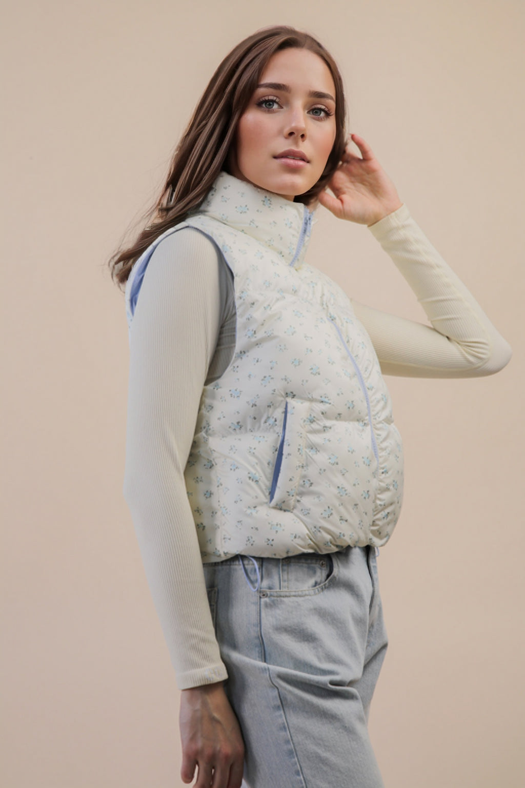 Floral Printed Cropped Puffer Vest