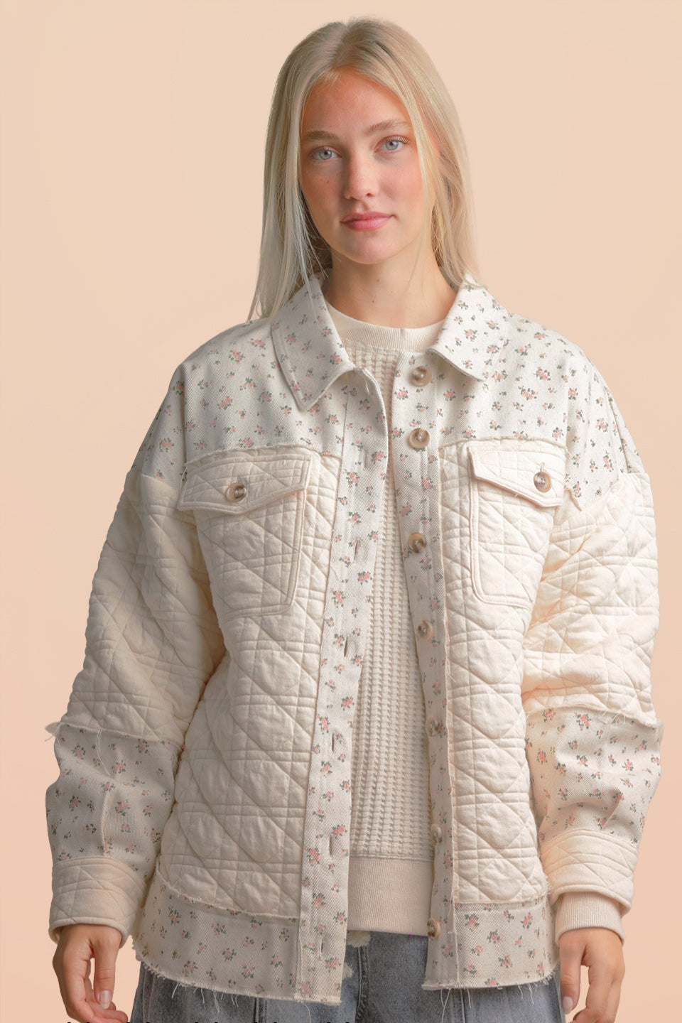 Oversized Floral Print Contrast Cotton Jacket – Button-Down