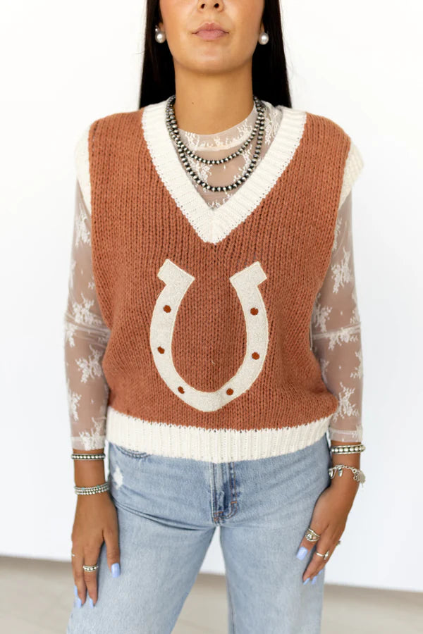 Brown Horseshoe V-Neck Sweater
