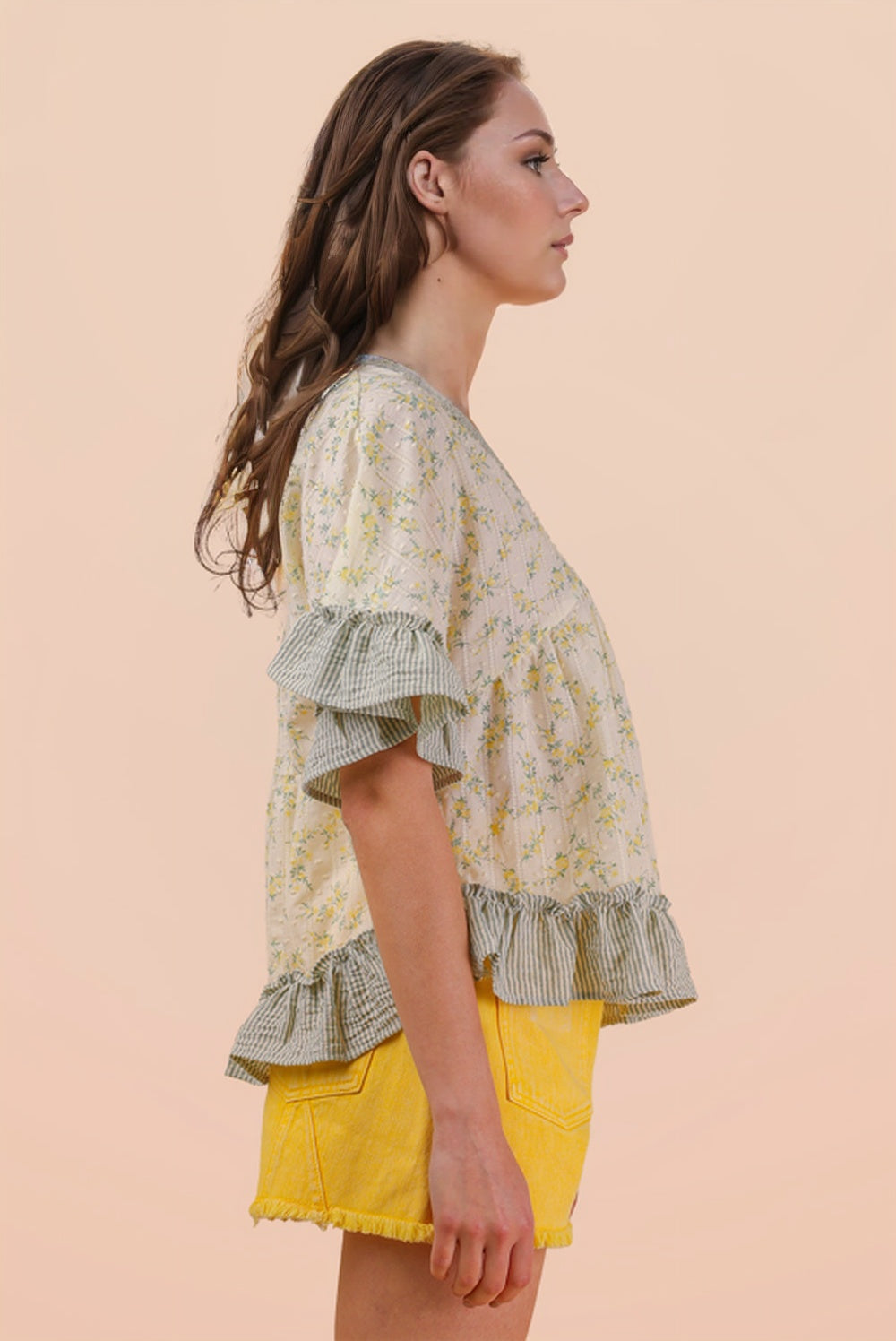Floral Ruffle Hem V-Neck Blouse with Striped Trim