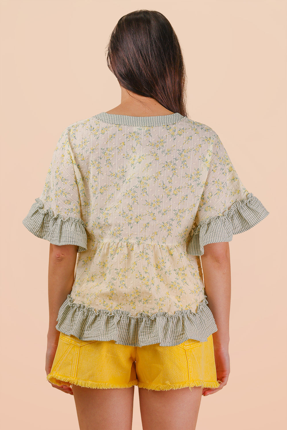 Floral Ruffle Hem V-Neck Blouse with Striped Trim