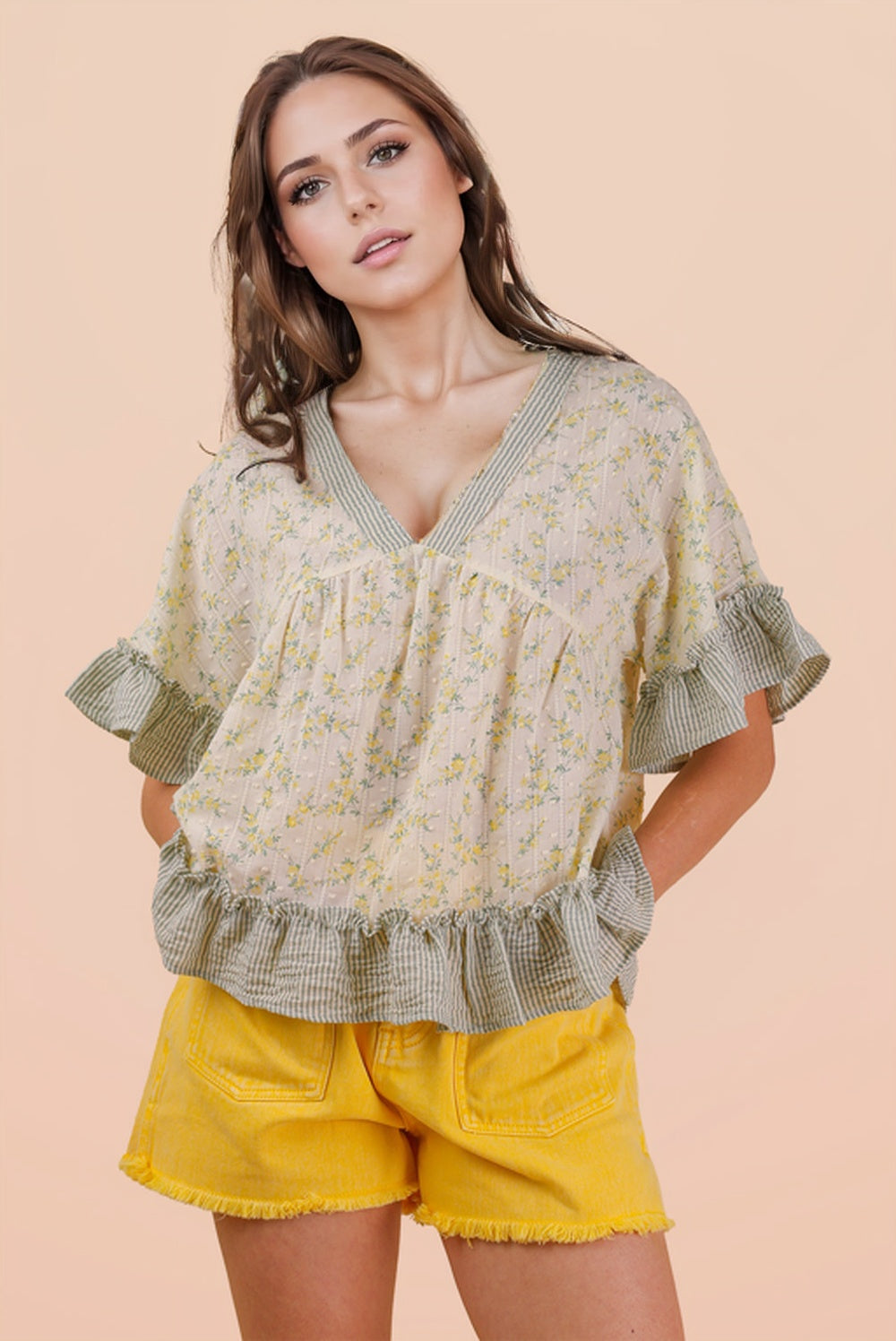 Floral Ruffle Hem V-Neck Blouse with Striped Trim
