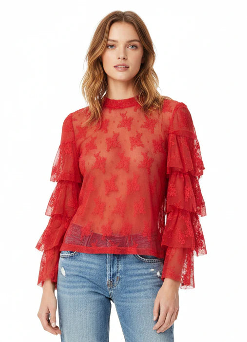 Sheer Lace Tiered Sleeve Top