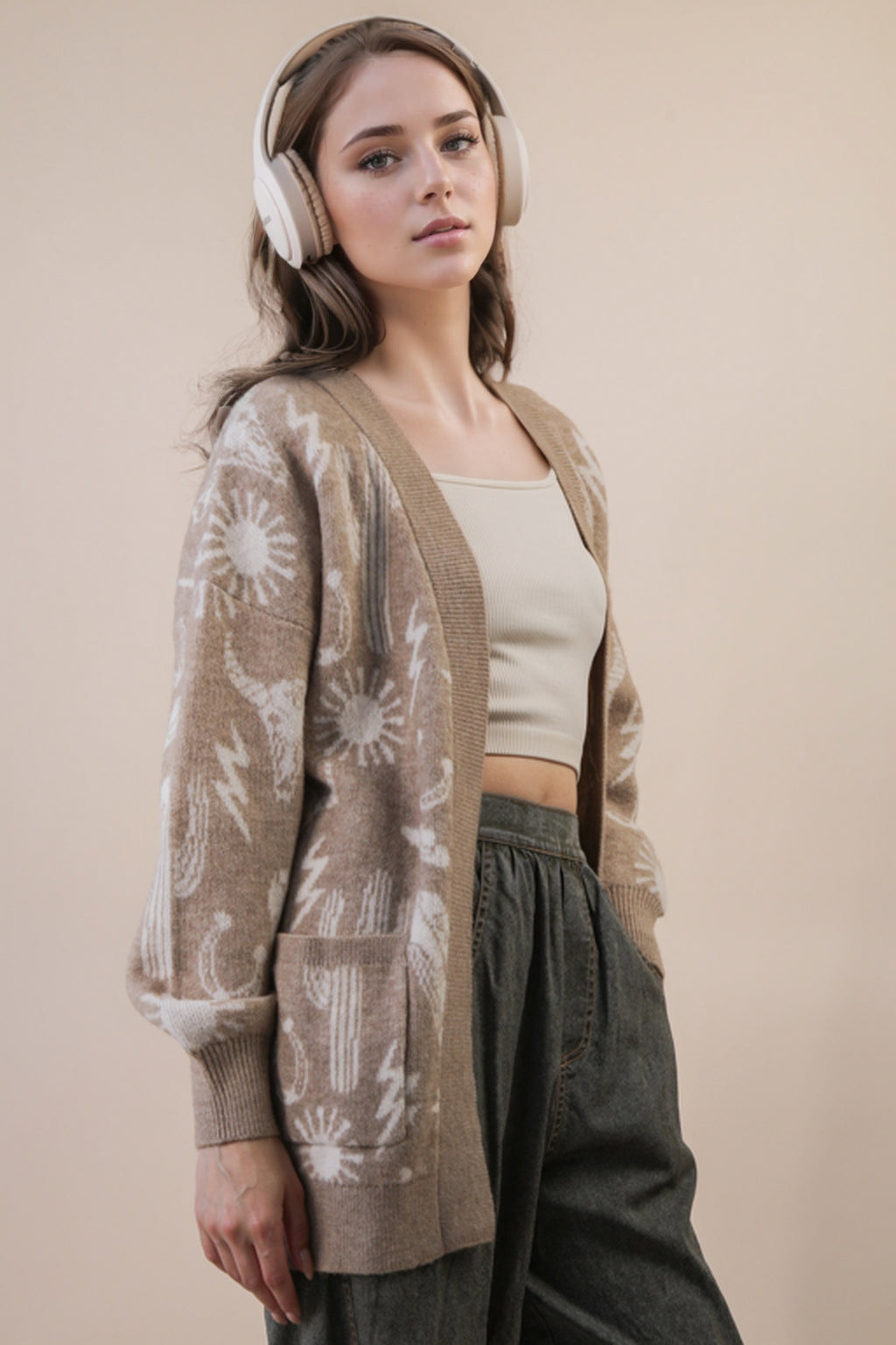 Oversized Western Graphic Knit Sweater Cardigan