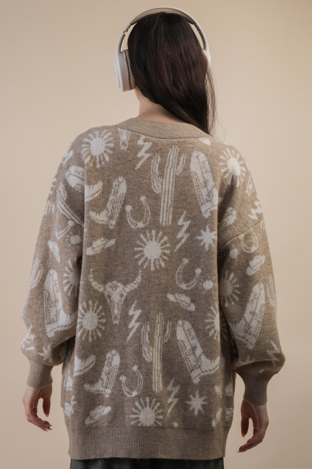 Oversized Western Graphic Knit Sweater Cardigan