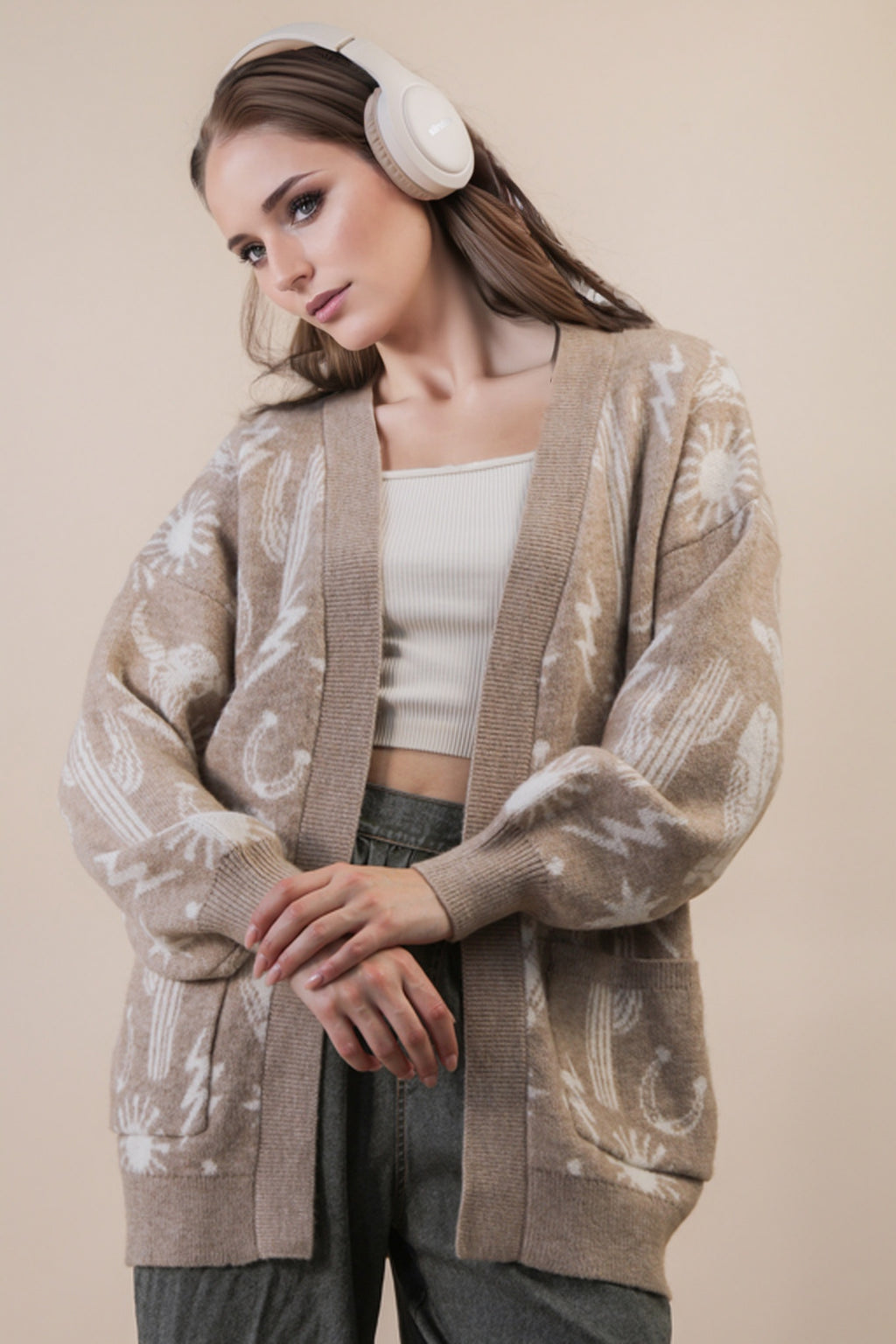 Oversized Western Graphic Knit Sweater Cardigan