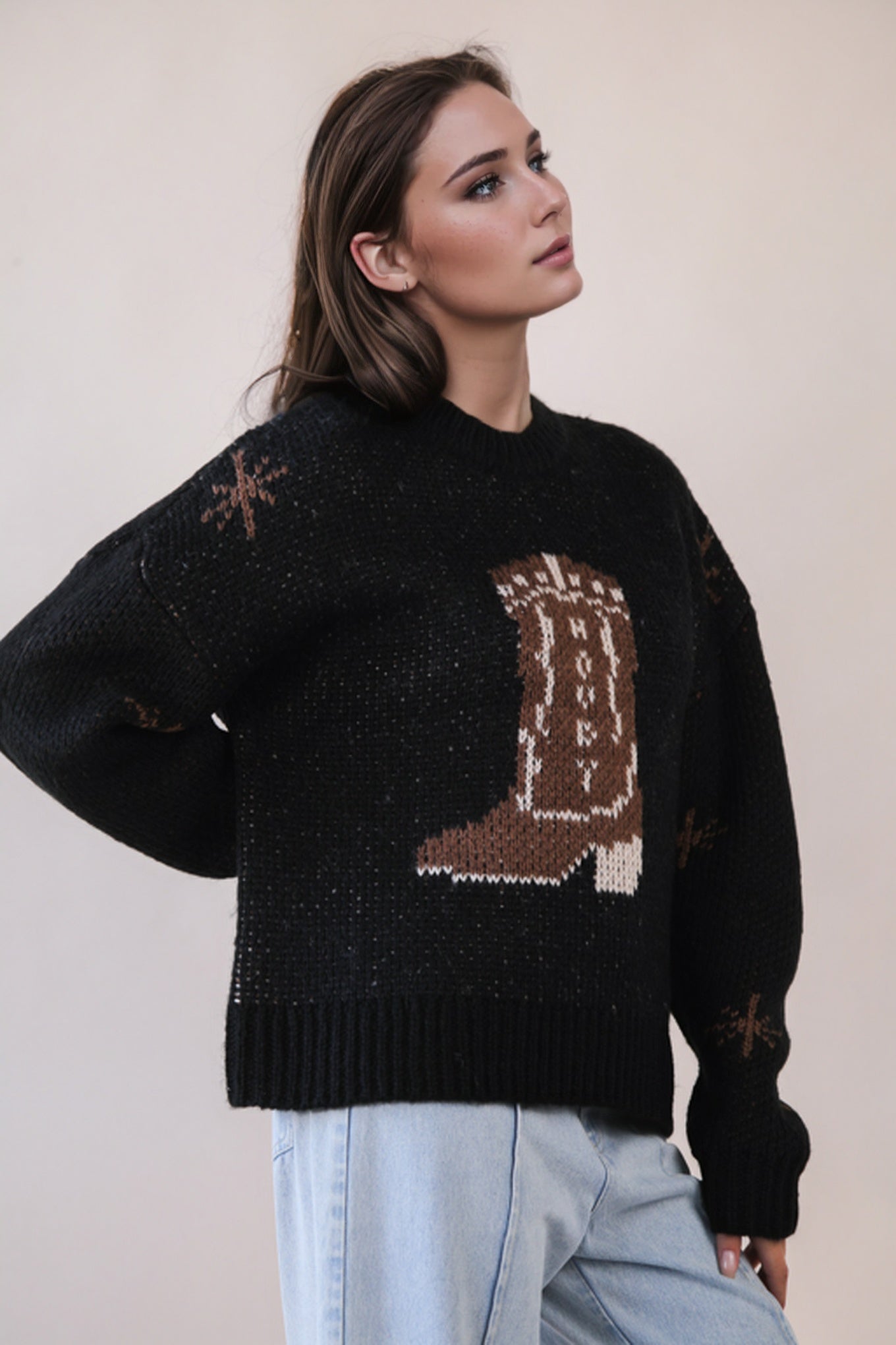 Western Cowboy Boots Print Pullover Sweater