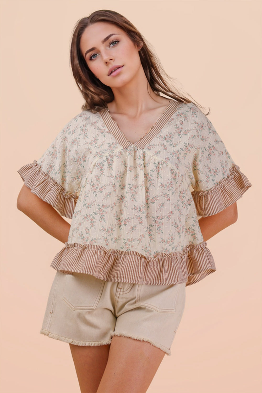 Floral Ruffle Hem V-Neck Blouse with Striped Trim