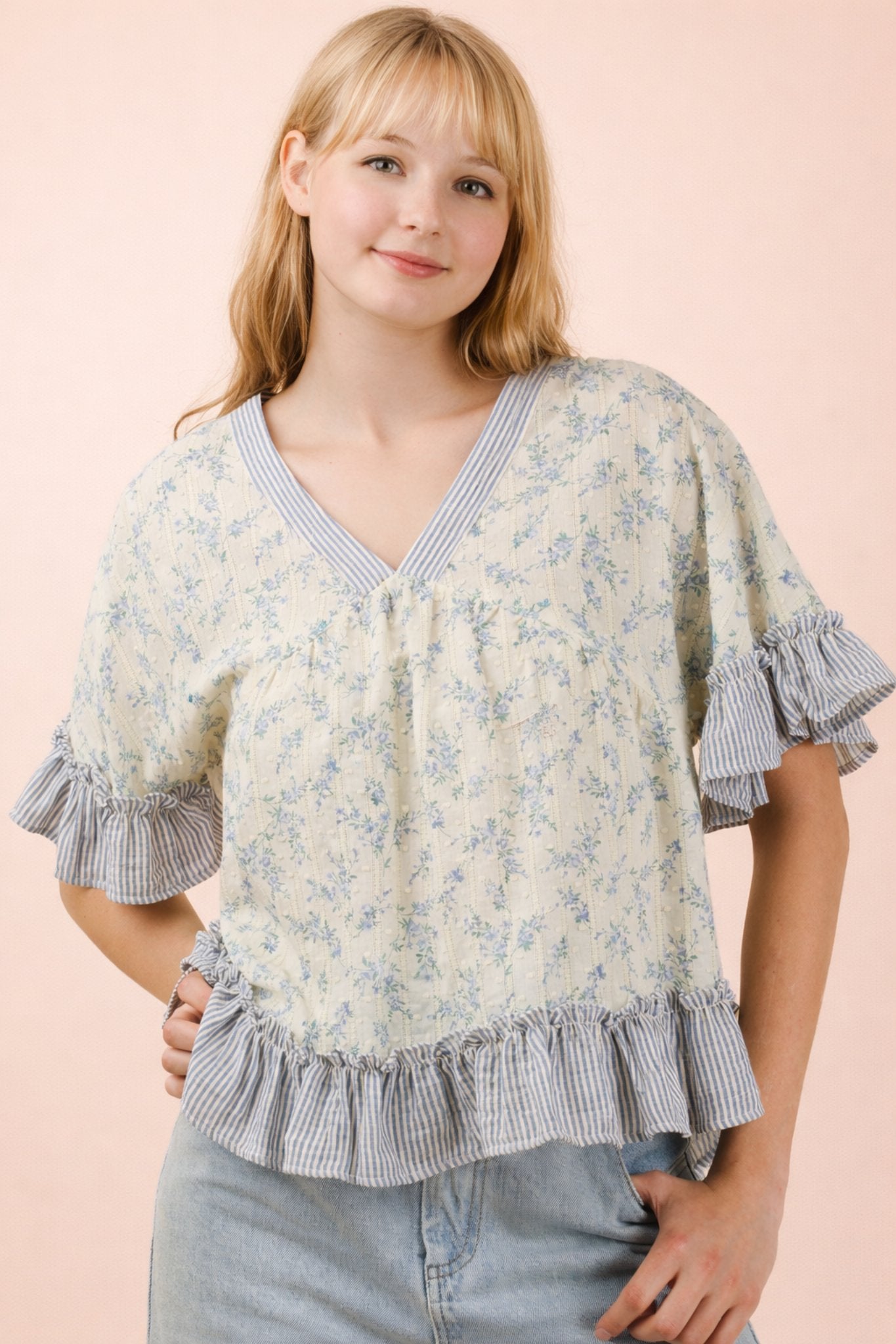 Floral Ruffle Hem V-Neck Blouse with Striped Trim