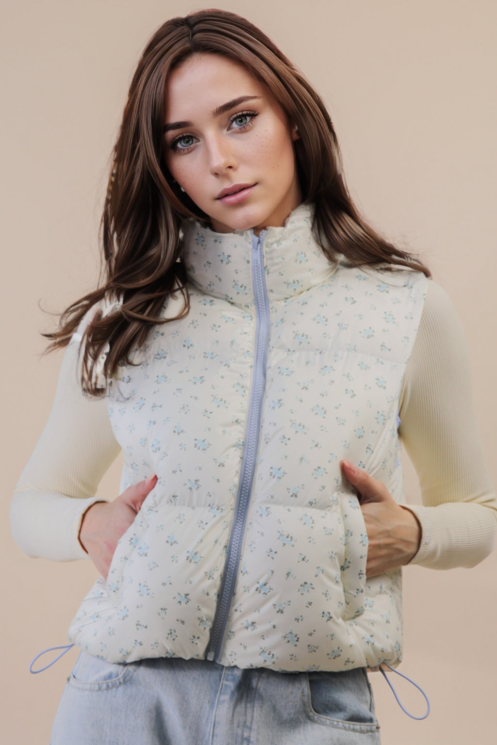 Floral Printed Cropped Puffer Vest