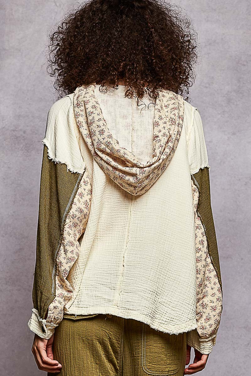 Vintage-Washed Patchwork Half-Zip Hoodie