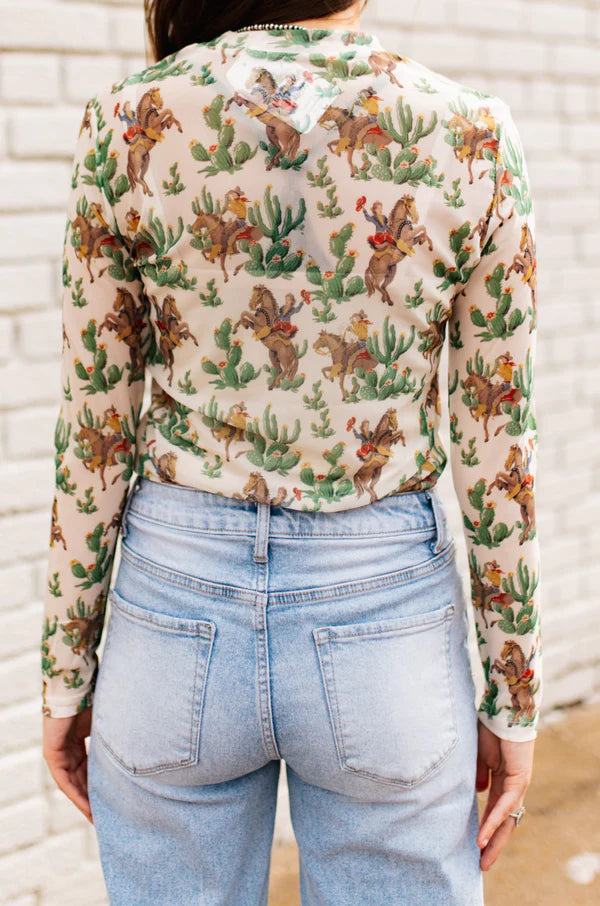 Retro Cactus Cowboy Mesh Top – Fitted Mesh Long Sleeve