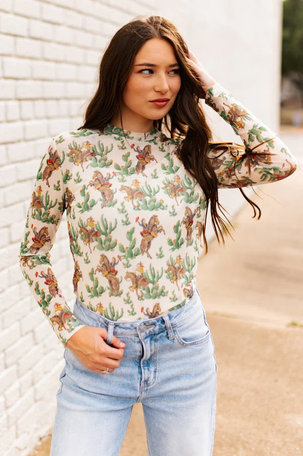 Retro Cactus Cowboy Mesh Top – Fitted Mesh Long Sleeve